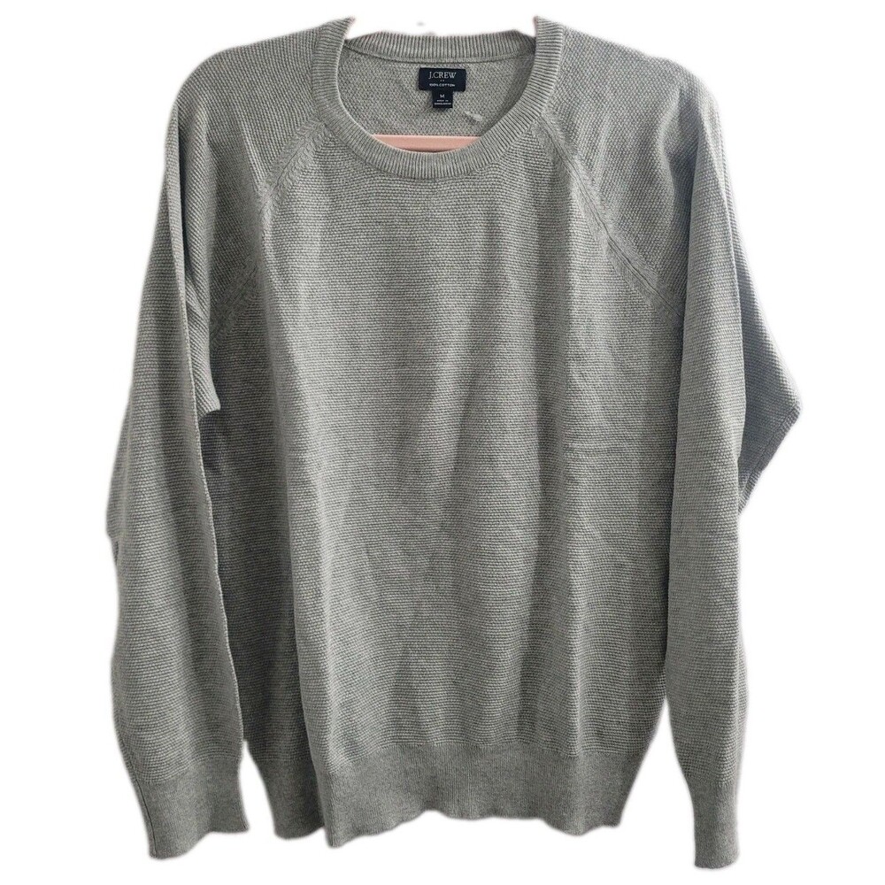 NWT J.Crew Men's 100% Cotton Textured Crewneck Sweater Gray Sz M Raglan Sleeve